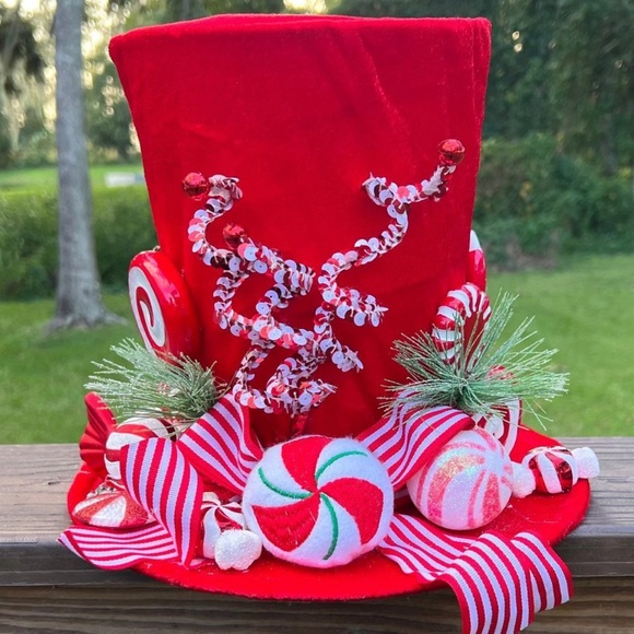 Red Candy Cane Candyland Peppermint Top Hat Decoration Christmas Tree Topper - Picture 3 of 8